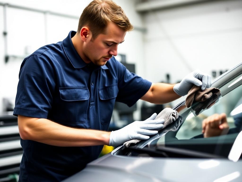 Technician cleaning a newly fitted windscreen