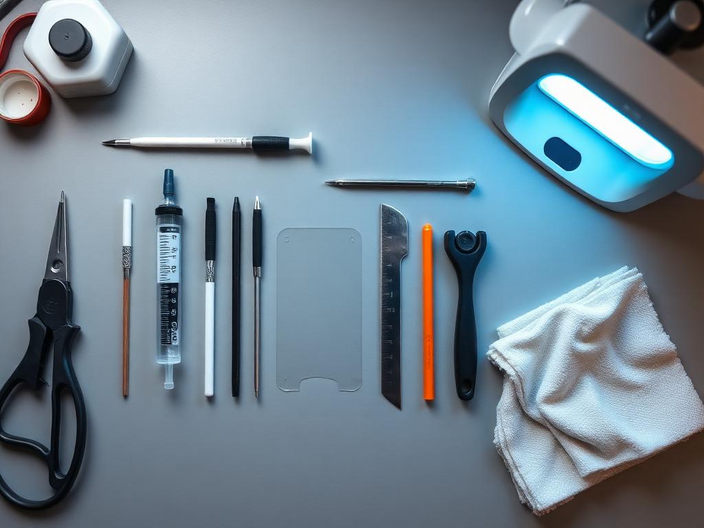 Clean windscreen repair tools laid out on a workbench